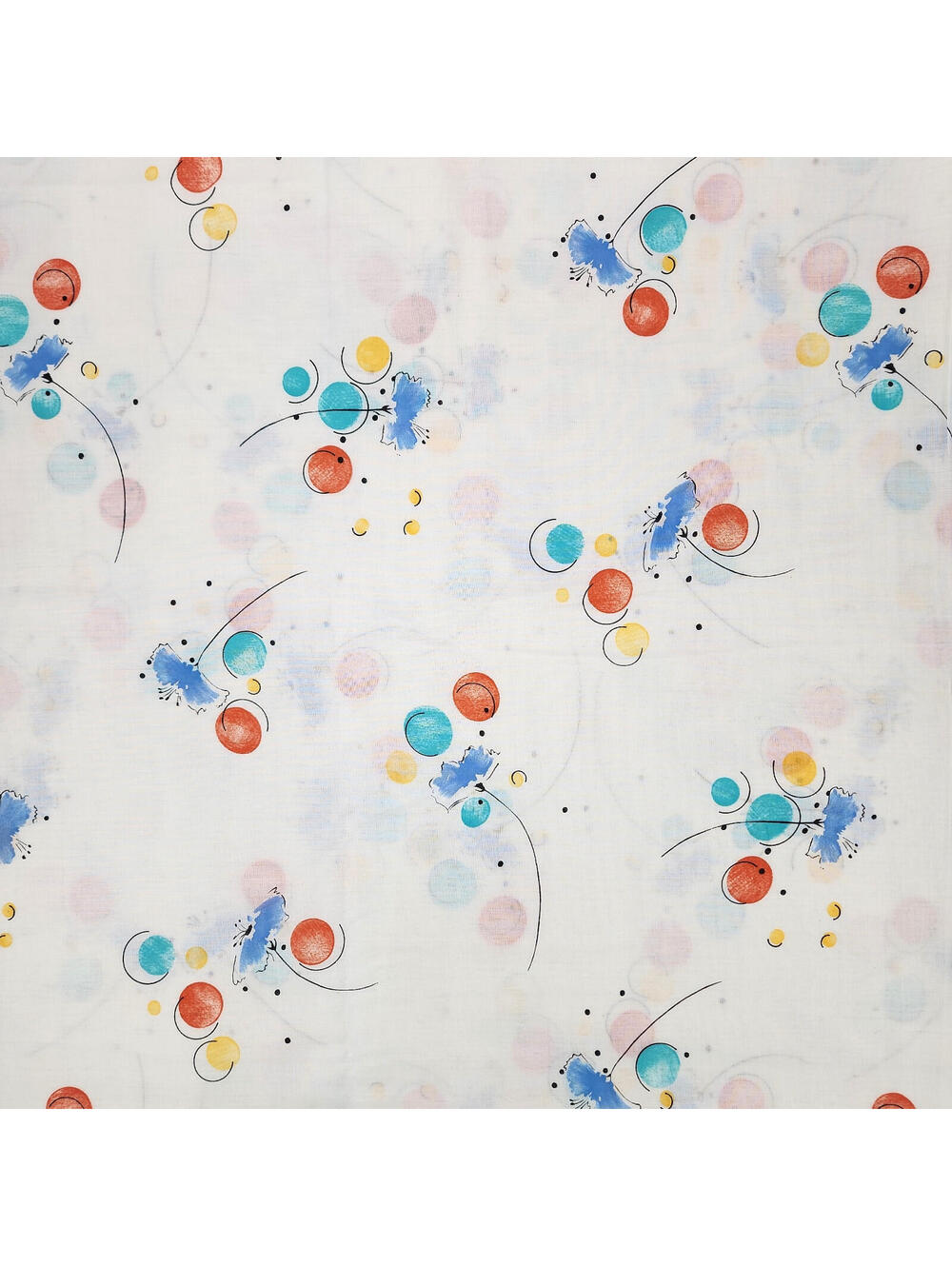 Pattern of Colorful Circles & Flowers, Cotton Fabric Remnant, 107×43 In
